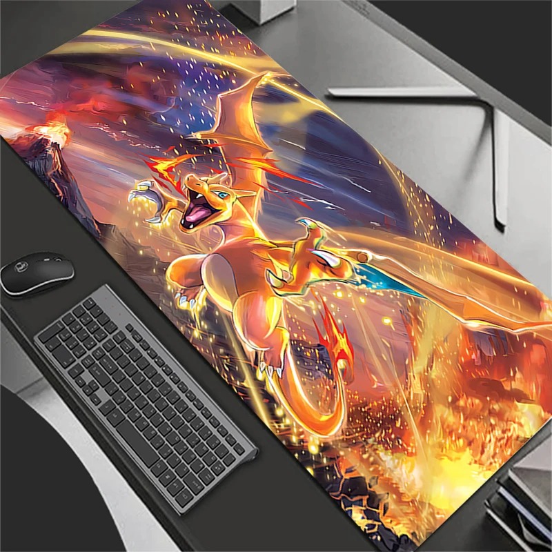 Gaming Accessories For Desk - แผ่นรองเมาส์อะนิเมะอุปกรณ์เสริมสำหรับเล่นเกมขนาดใหญ่พรมเกมเมอร์พีซีคอมพิวเตอร์สำนักงานแล็ปท็อปคีย์บอร์ดแผ่นรองโต๊ะพี-โปเกมอน ชาริซาร์ด แผ่นรองเมาส์