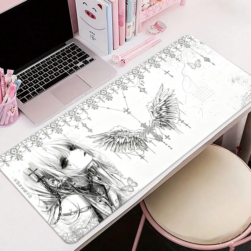 Gaming Accessories For Desk - แผ่นรองเมาส์หนังสีดำสีขาวอะนิเมะความงามของสาวนางฟ้าแผ่นรองเมาส์อุปกรณ์สำนักงานคีย์บอร์ดเกมพีซีอีสปอร์ต HD แผ่นรองโต๊ะ
